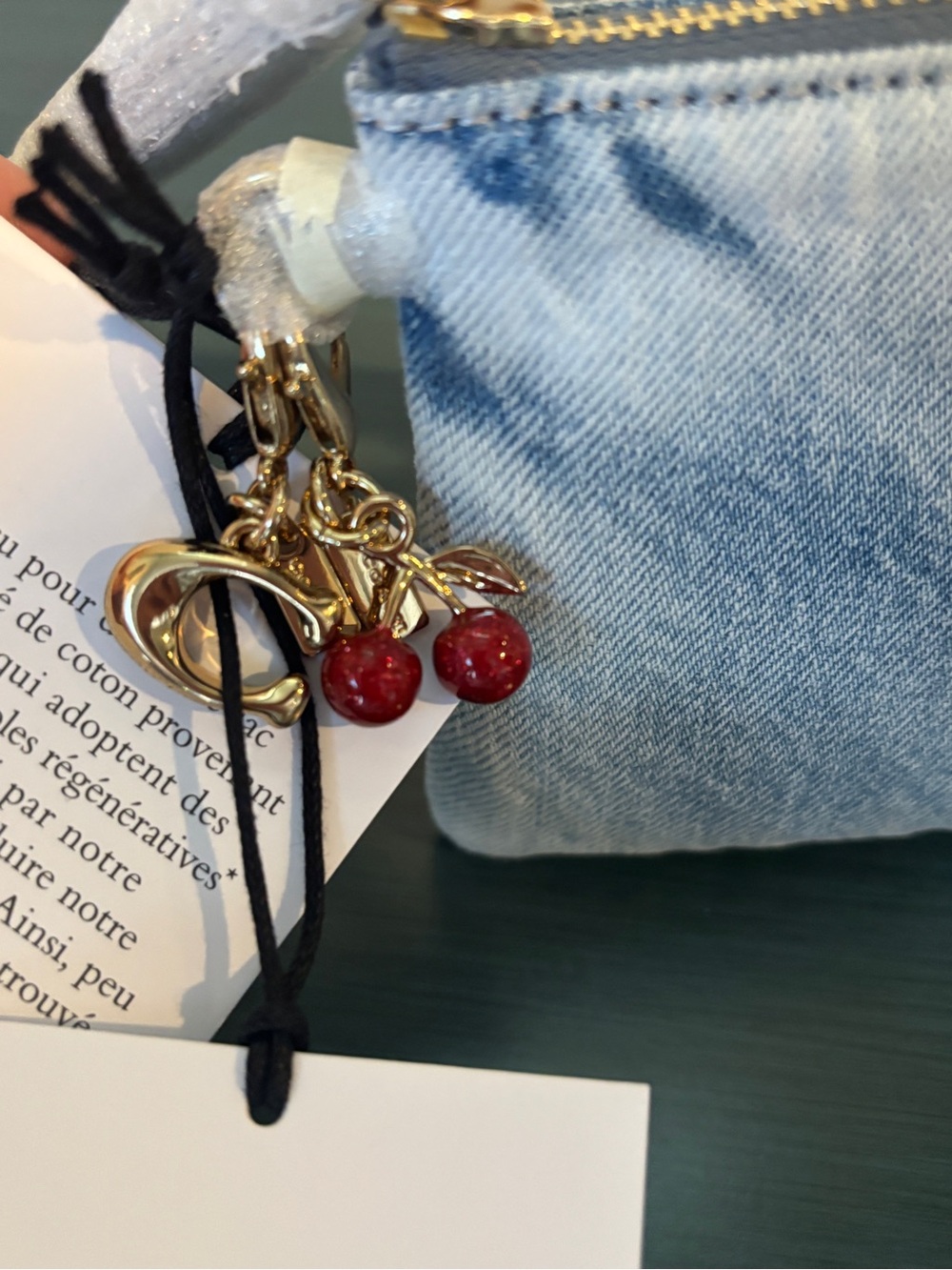 Coach Loved Denim Indigo Blue with Coach Cherry 🍒 & Signature C Gold Charms! NEW - Picture 3 of 10